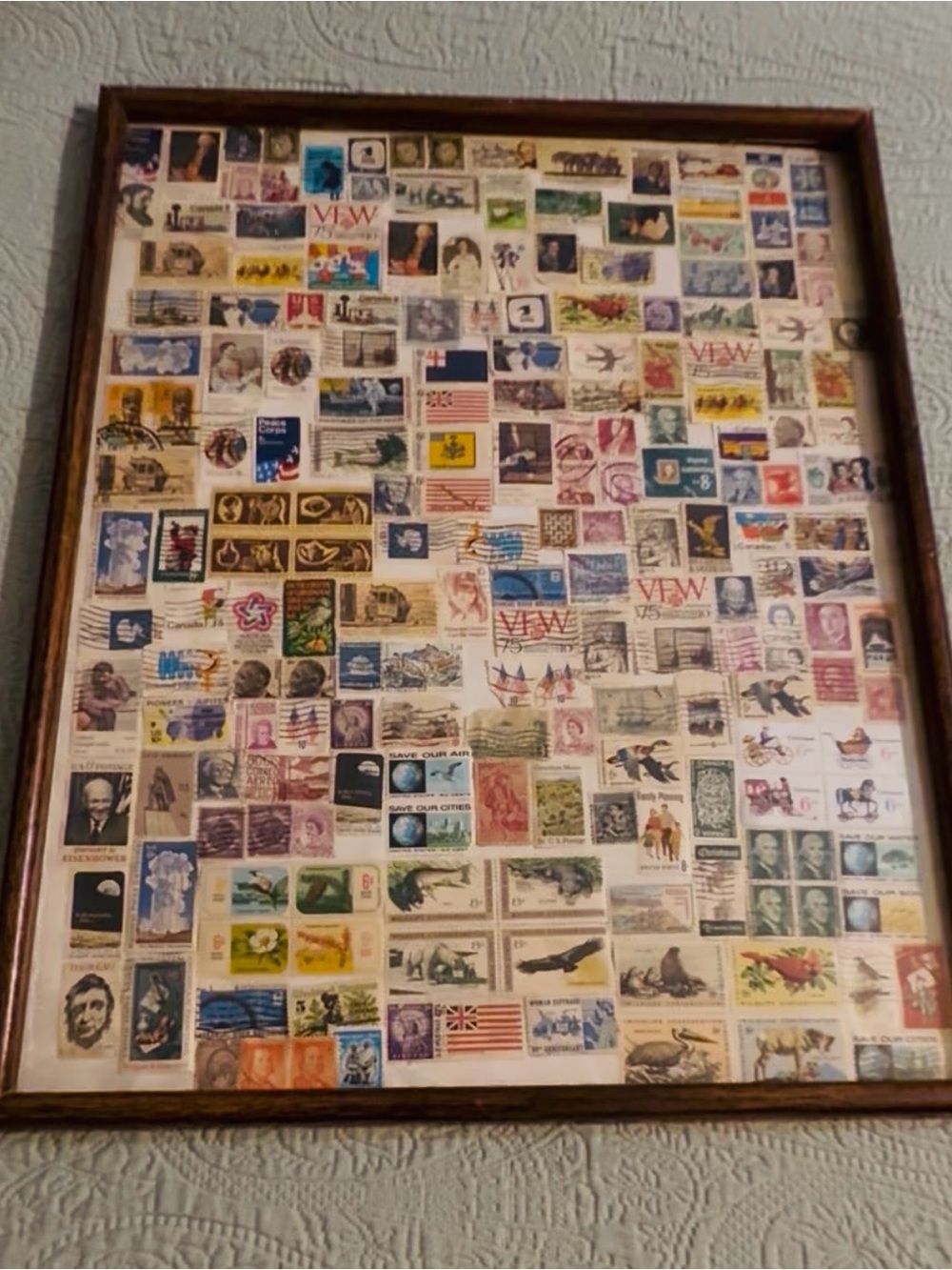 Vintage framed postage stamp collage, 17inx21in frame, OOAK